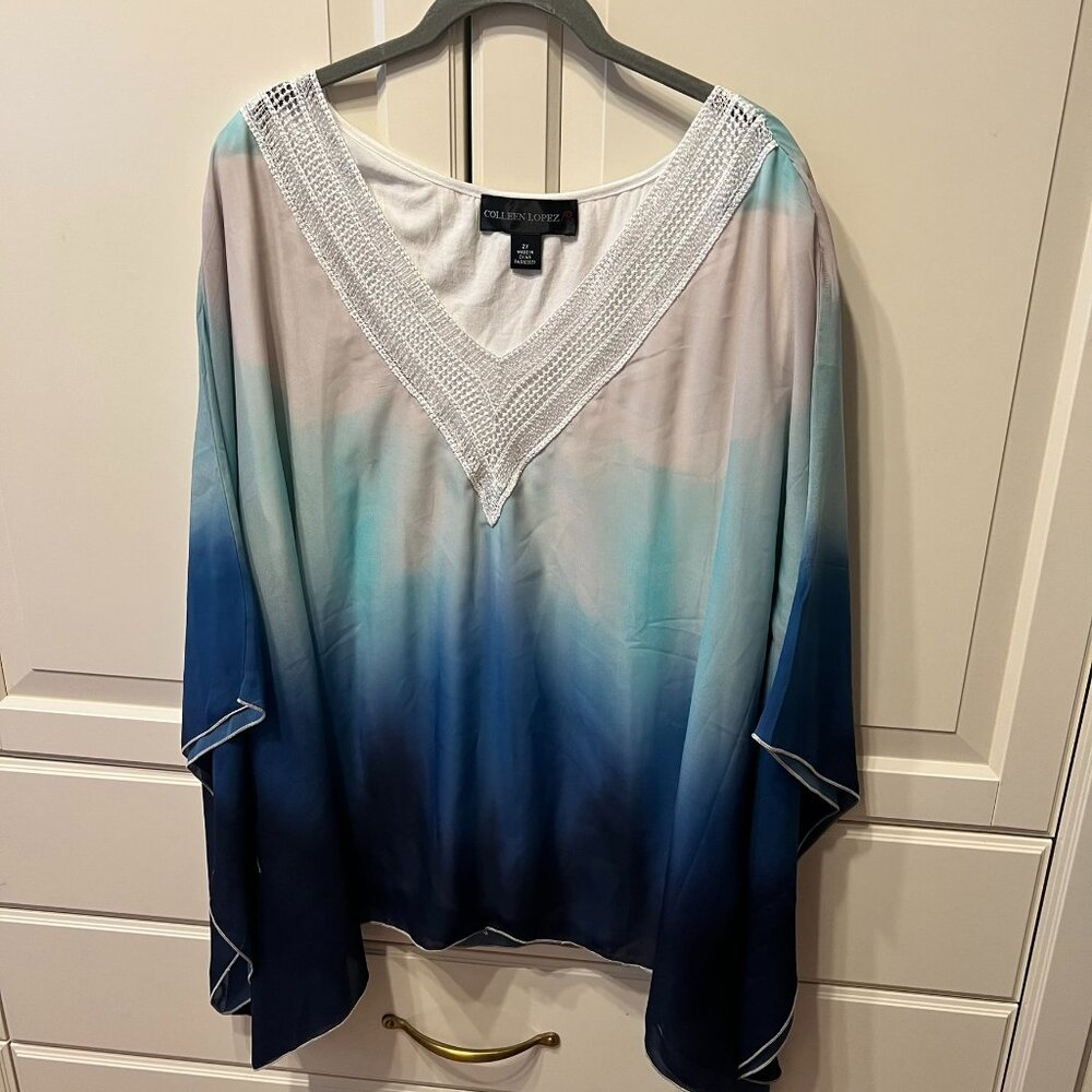 COLLEEN LOPEZ Blue & White Ombre‎ ¾ Batwing Sequin Trim Blouse Top (Size 2X)
